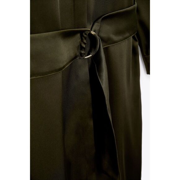 Green Zara Collared Button Down Belted Grommet Ring Long Sleeve Midi Dress (NWT) - Picture 6 of 8